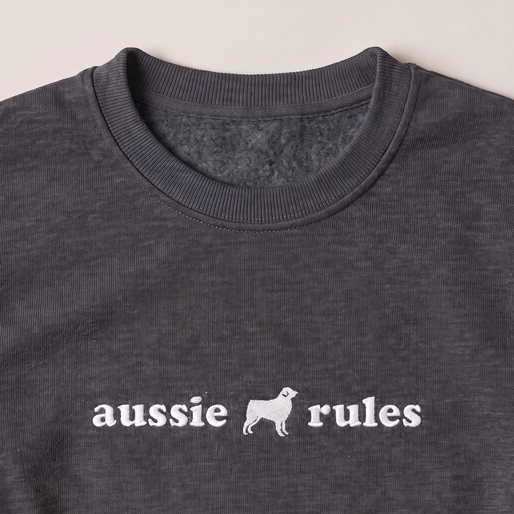 Aussie Rules Australian Shepherd embroidered sweatshirt, close-up of the embroidery