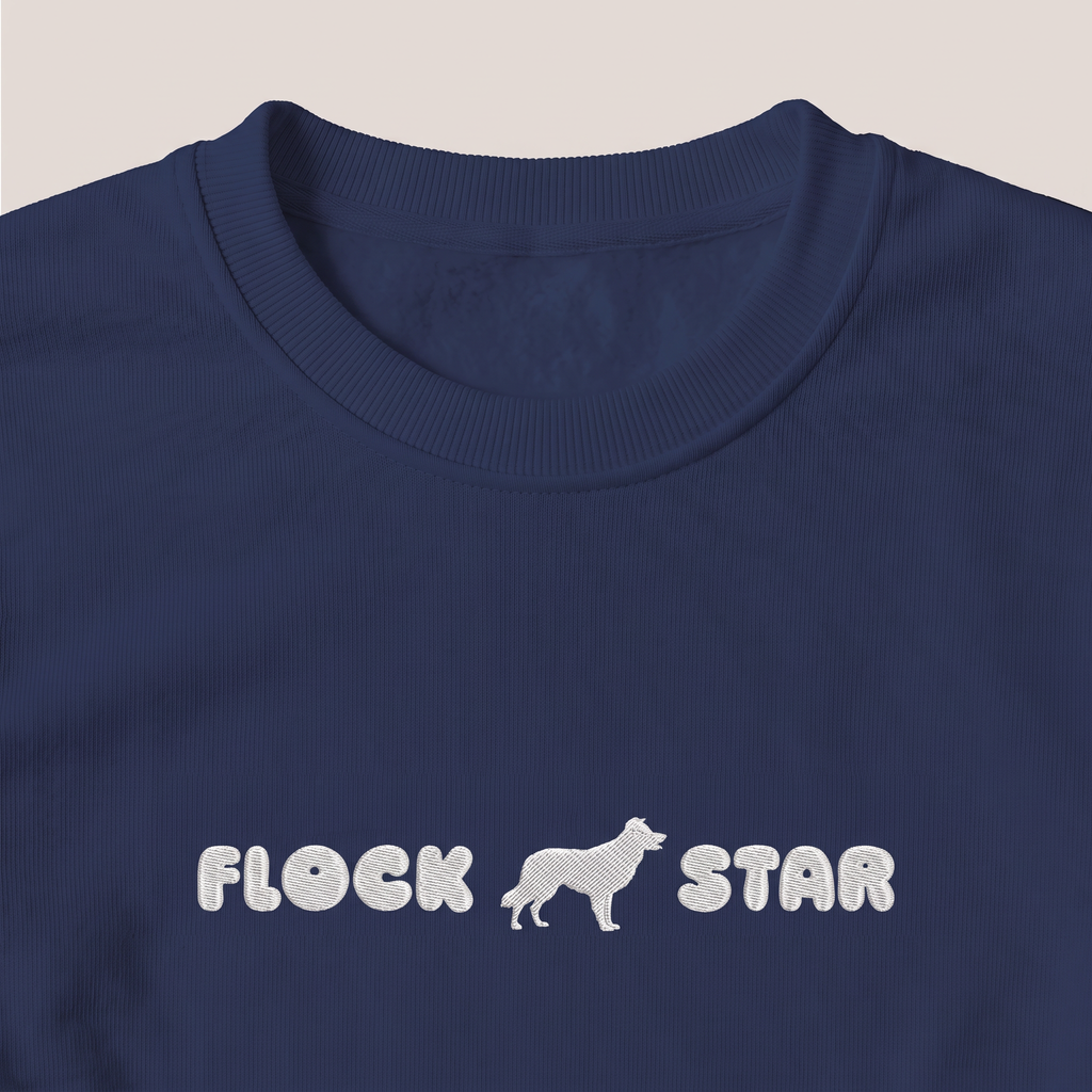 Flock Star Border Collie embroidered sweatshirt, close-up of the embroidery