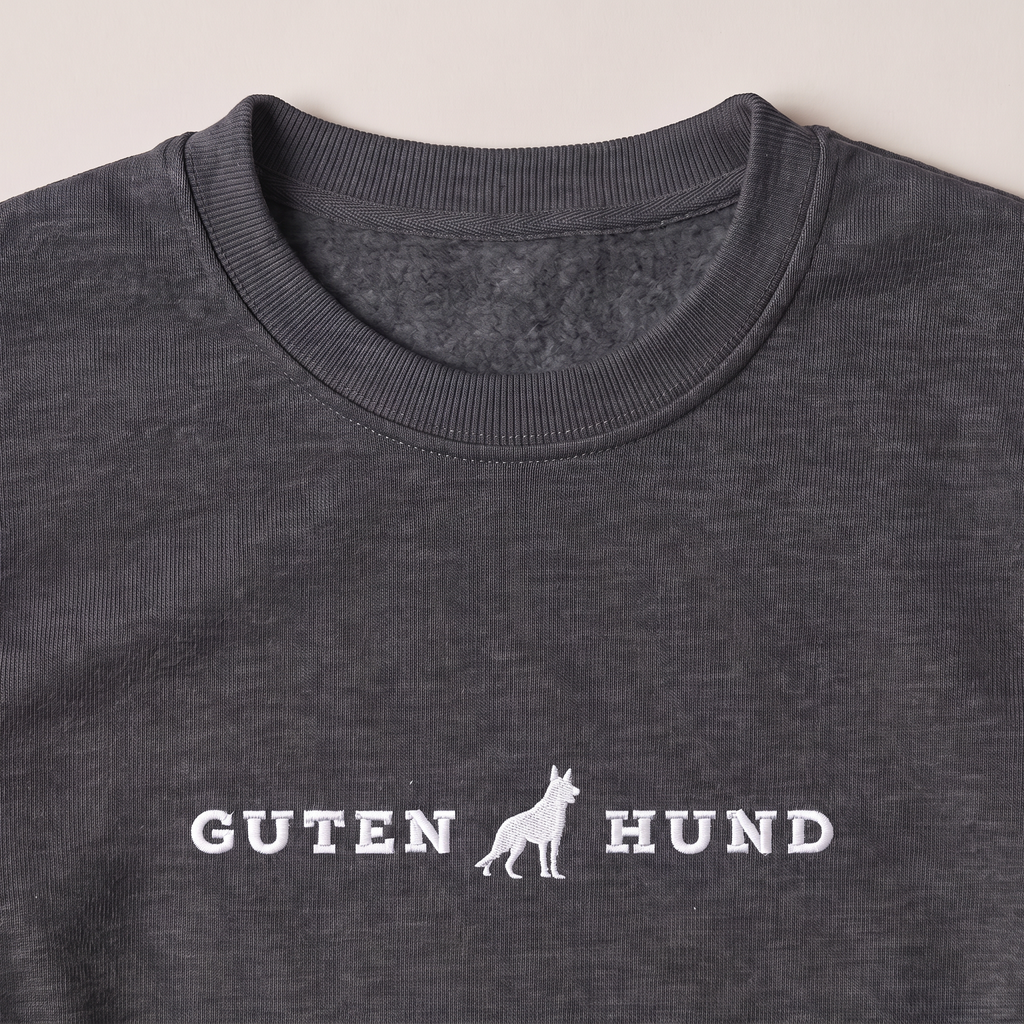 Guten Hund German Shepherd embroidered sweatshirt, close-up of the embroidery