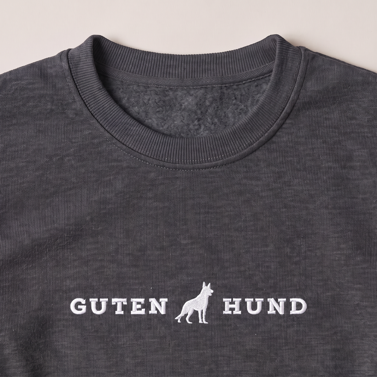 Guten Hund German Shepherd embroidered sweatshirt, close-up of the embroidery