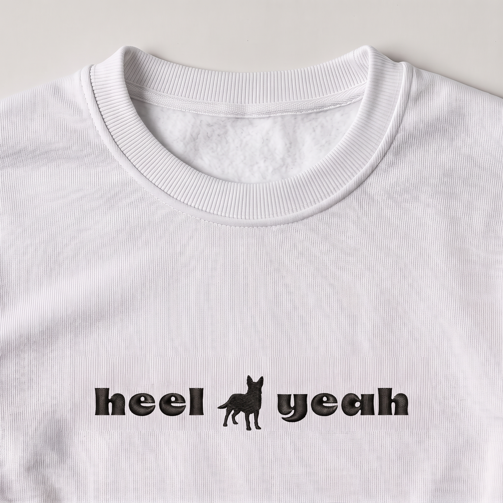 Heel Yeah Heeler embroidered sweatshirt, close-up of the embroidery