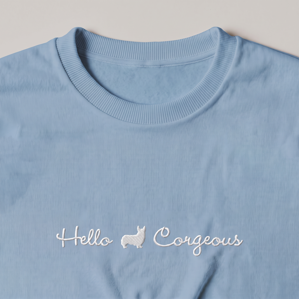 Hello Corgeous Corgi embroidered sweatshirt, close-up of the embroidery