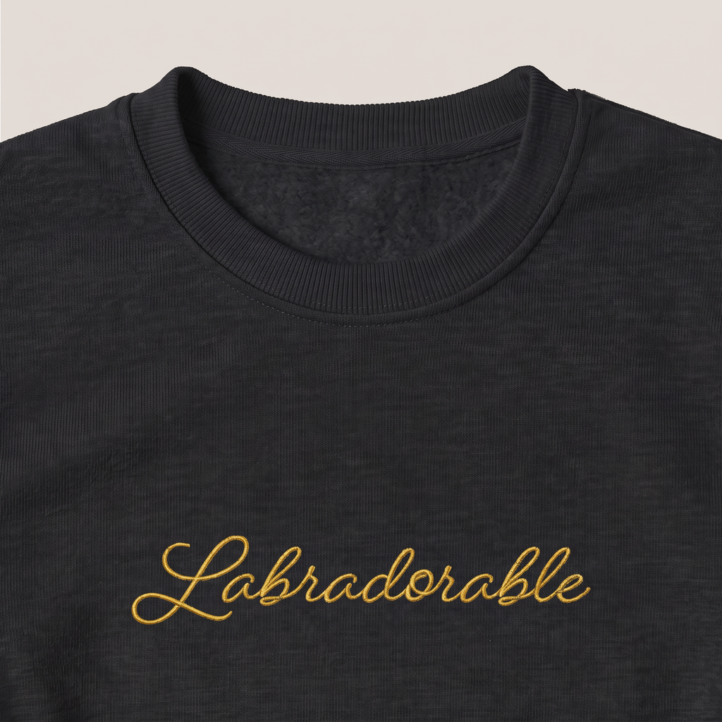 Labradorable Labrador embroidered sweatshirt, close-up of the embroidery