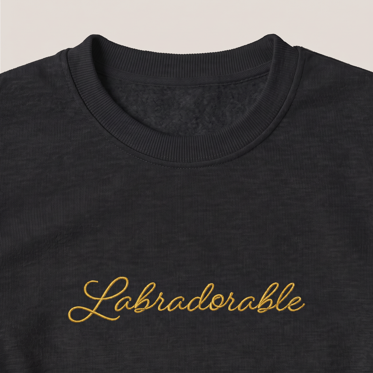 Labradorable Labrador embroidered sweatshirt, close-up of the embroidery