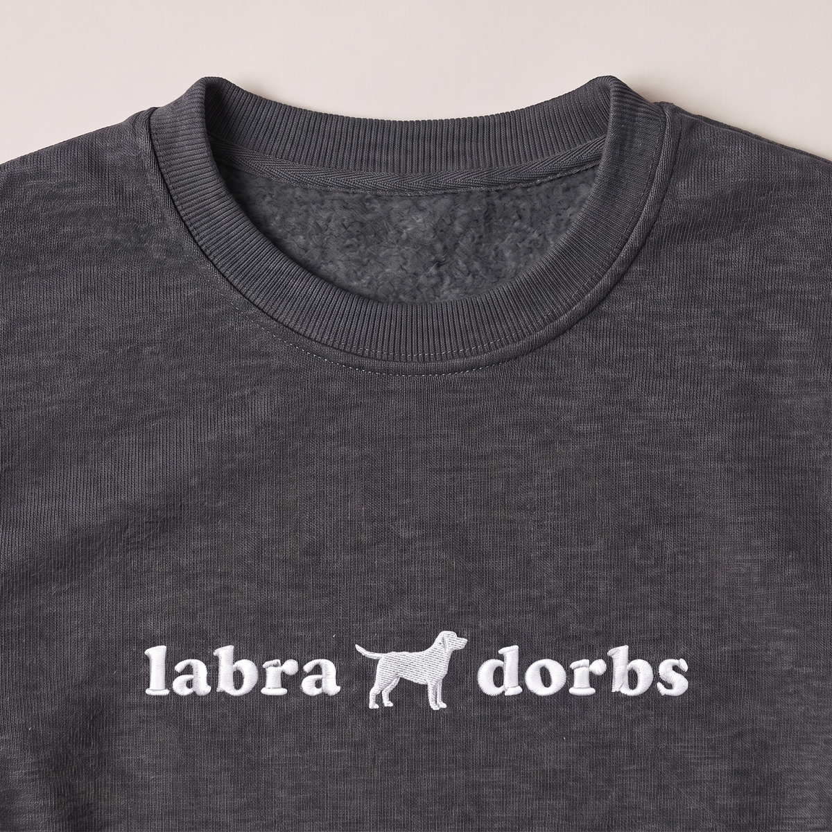 Labradorbs Labrador embroidered sweatshirt, close-up of the embroidery