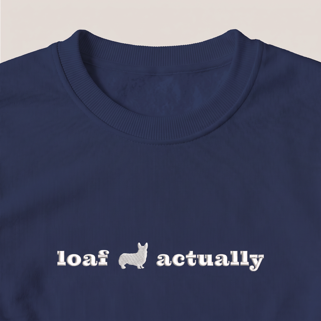 Loaf Actually Corgi embroidered sweatshirt, close-up of the embroidery