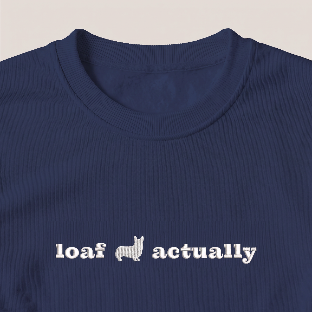 Loaf Actually Corgi embroidered sweatshirt, close-up of the embroidery