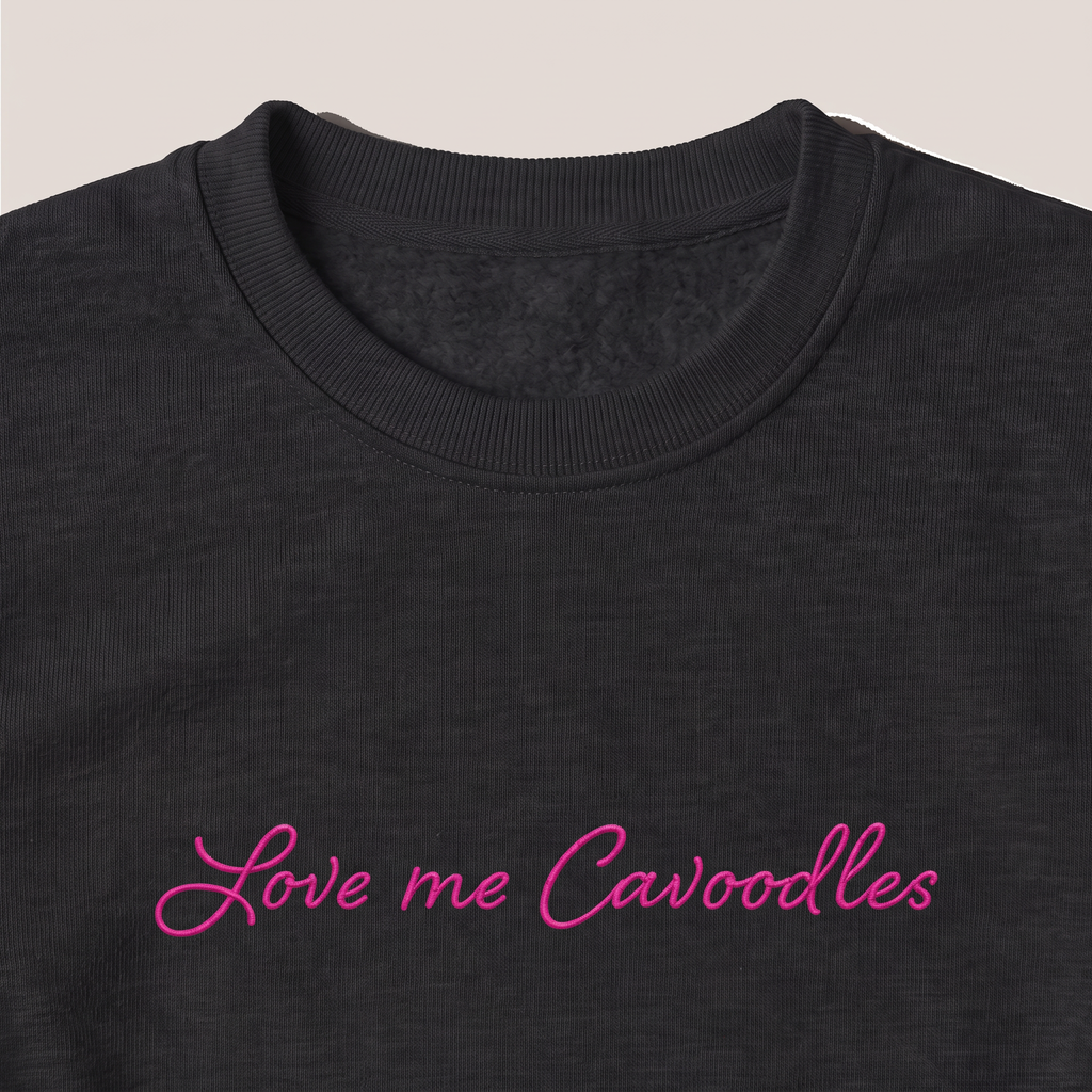 Love Me Cavoodles Cavoodle embroidered sweatshirt, close-up of the embroidery