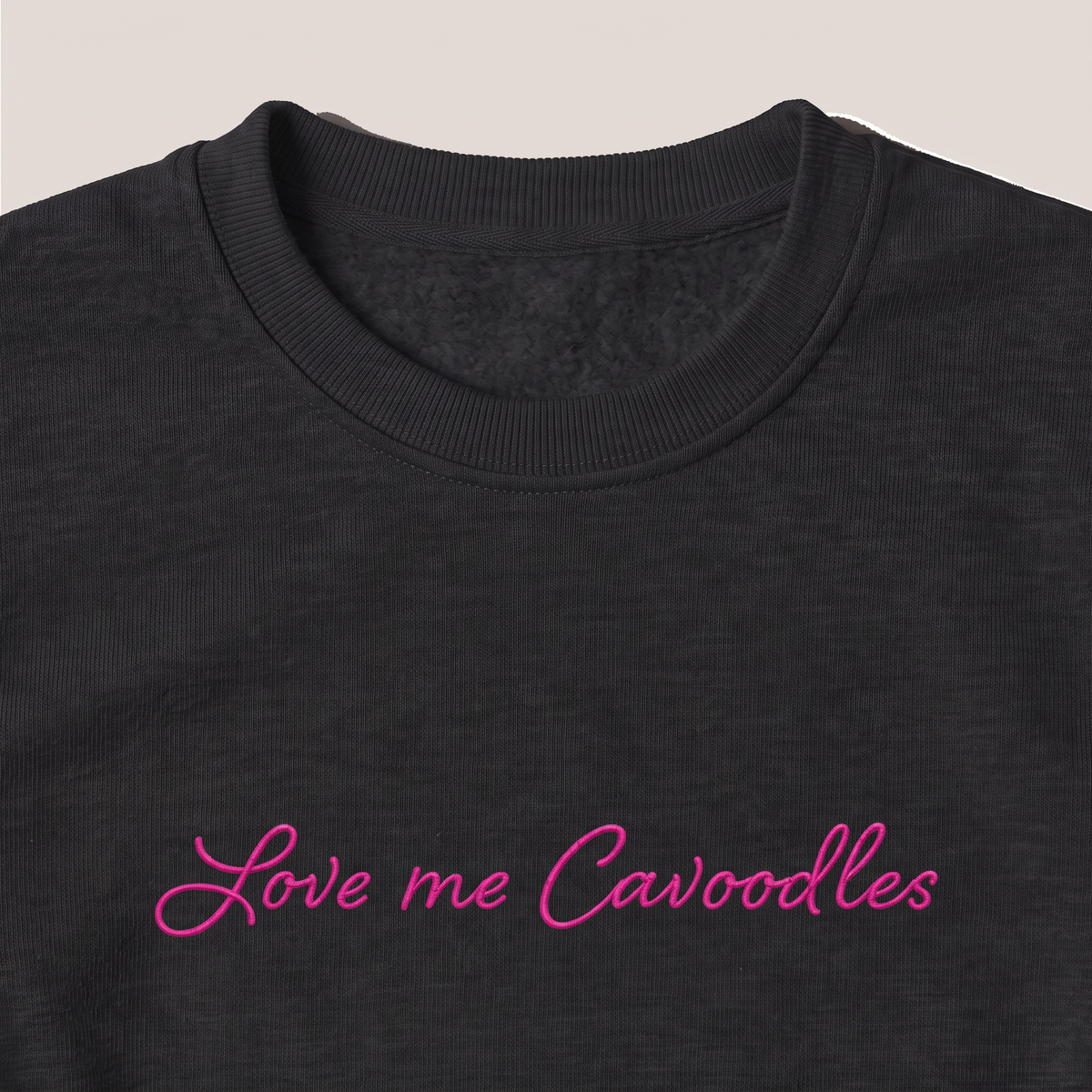 Love Me Cavoodles Cavoodle embroidered sweatshirt, close-up of the embroidery