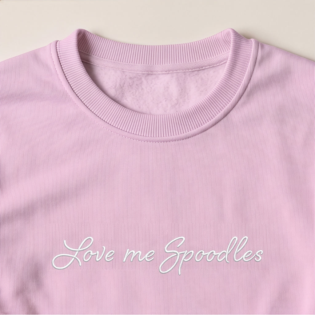 Love Me Spoodles Spoodle embroidered sweatshirt, close-up of the embroidery