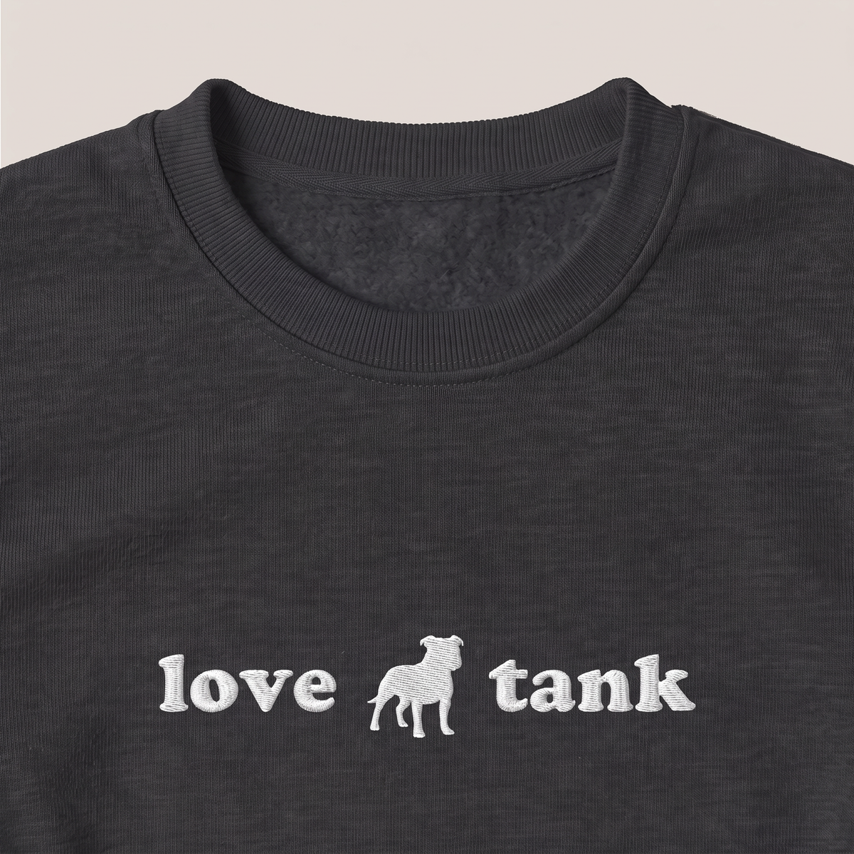 Love Tank Staffy embroidered sweatshirt, close-up of the embroidery
