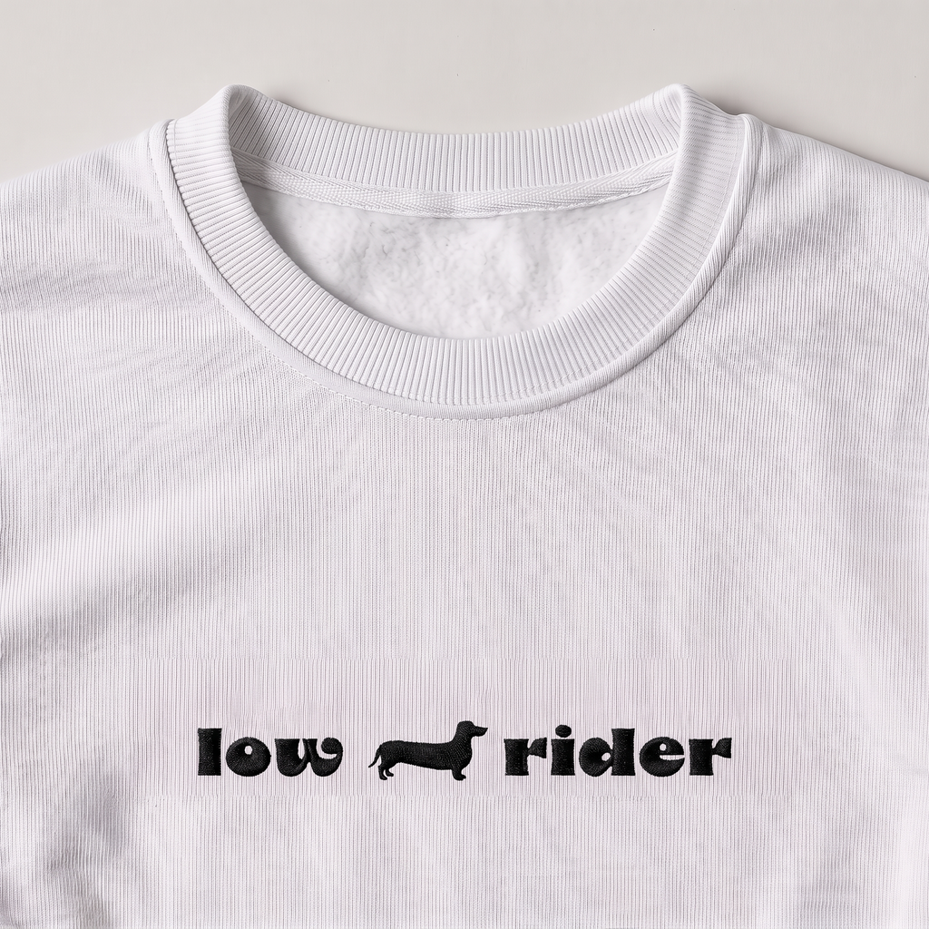 Low Rider Dachshund embroidered sweatshirt, close-up of the embroidery
