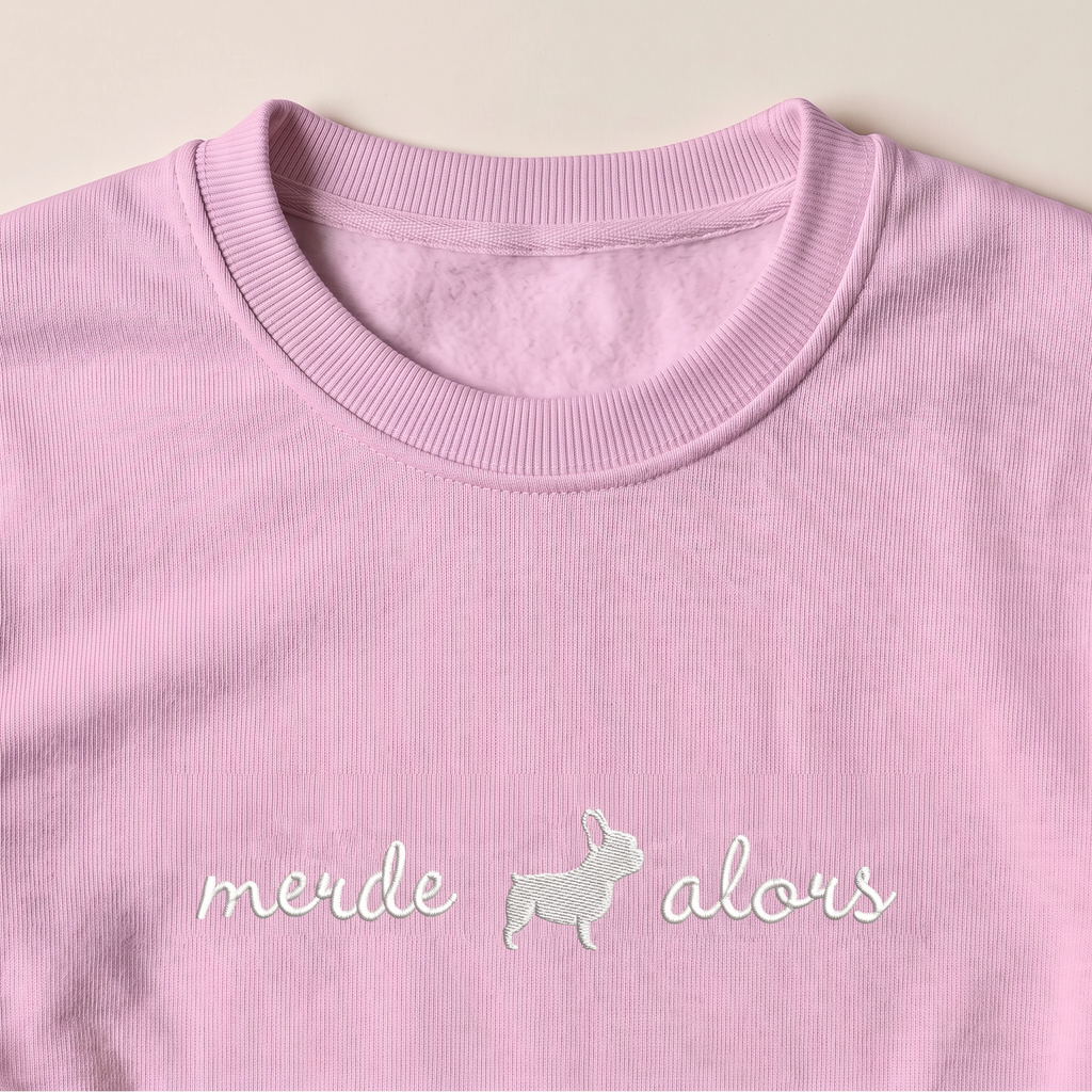 Merde Alors French Bulldog embroidered sweatshirt, close-up of the embroidery