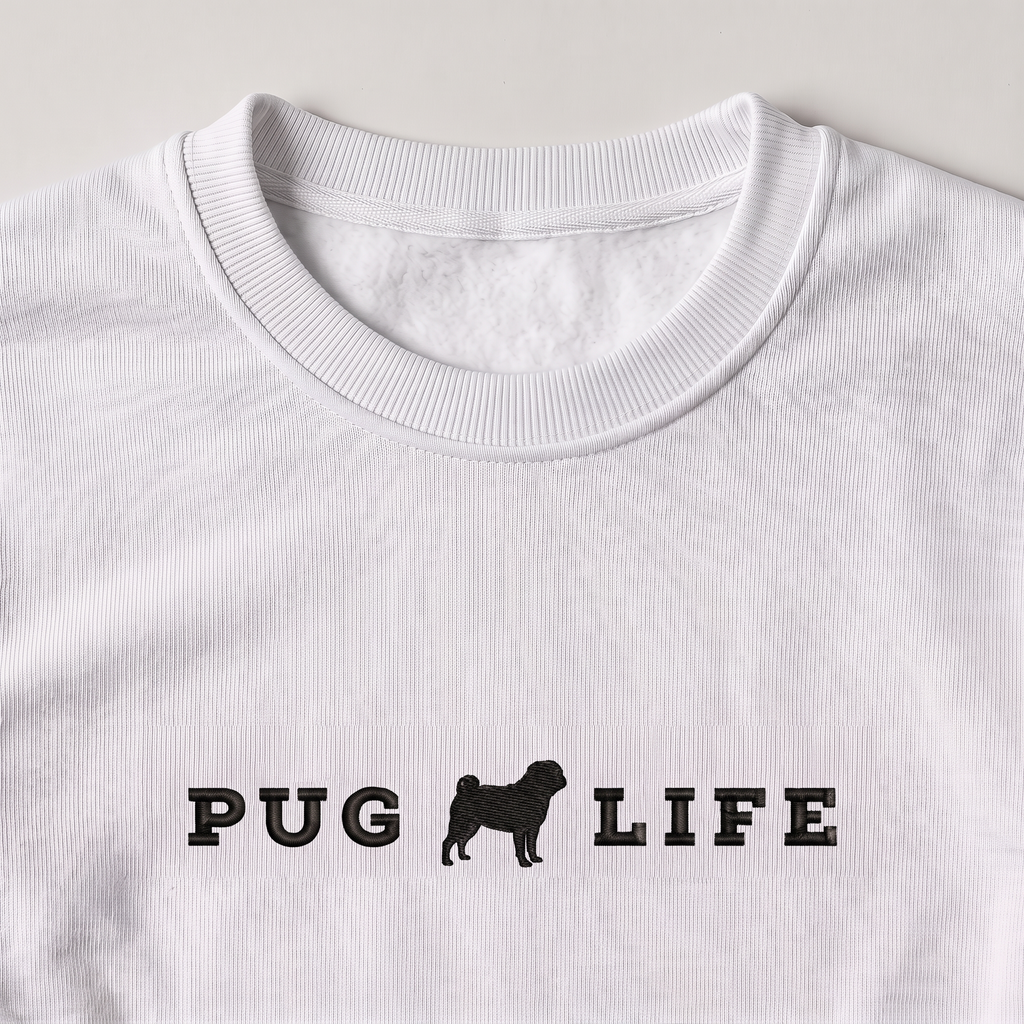 Pug Life Pug embroidered sweatshirt, close-up of the embroidery