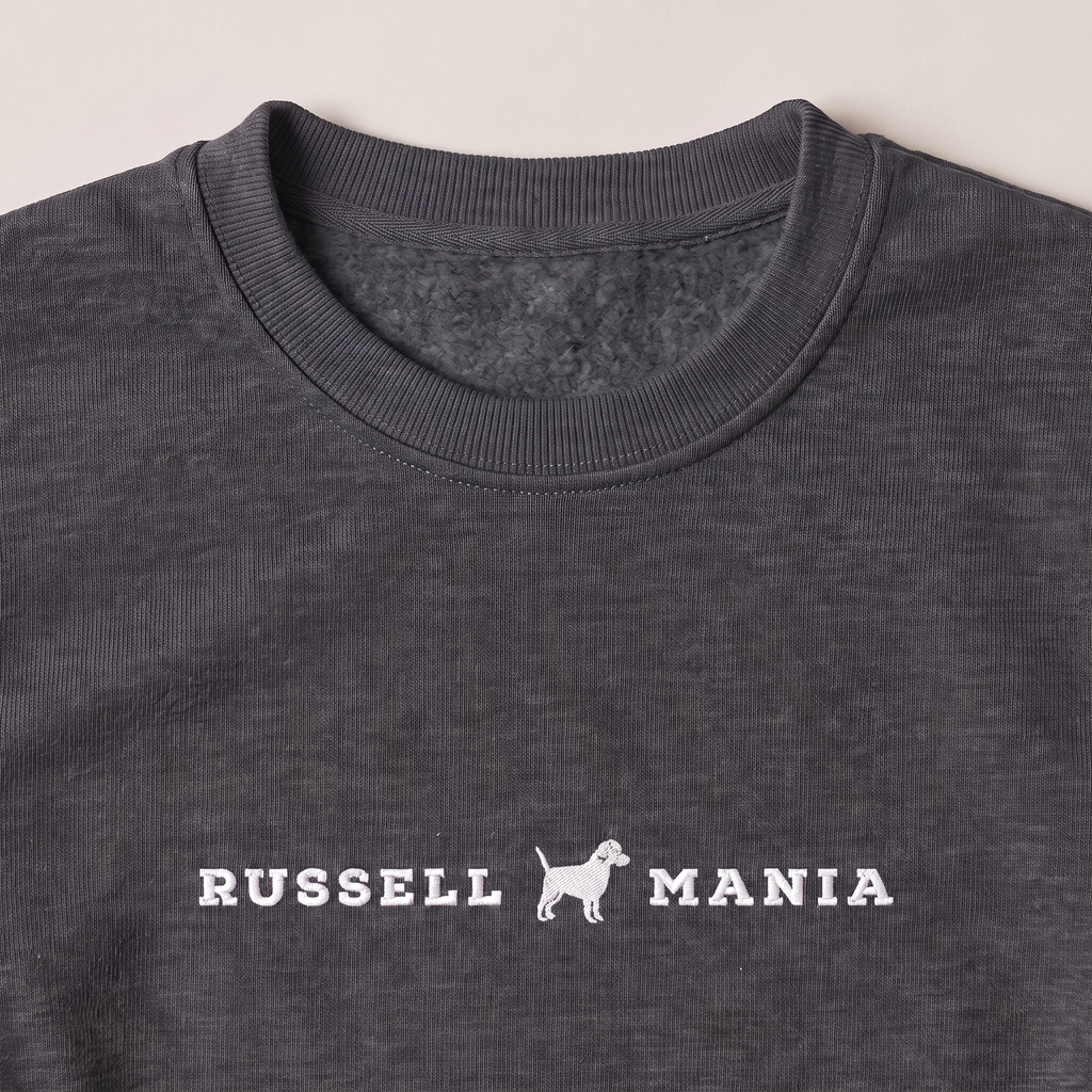 Russell Mania Jack Russell embroidered sweatshirt, close-up of the embroidery