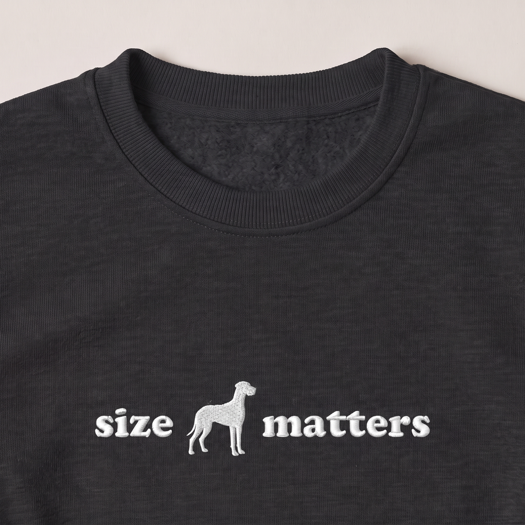 Size Matters Great Dane embroidered sweatshirt, close-up of the embroidery